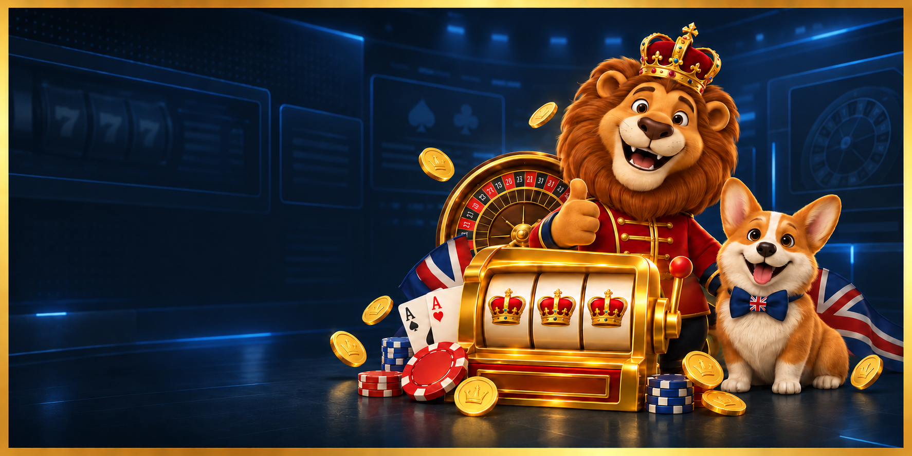 British VegasHero casino banner with a crowned lion, corgi and gold slot machine