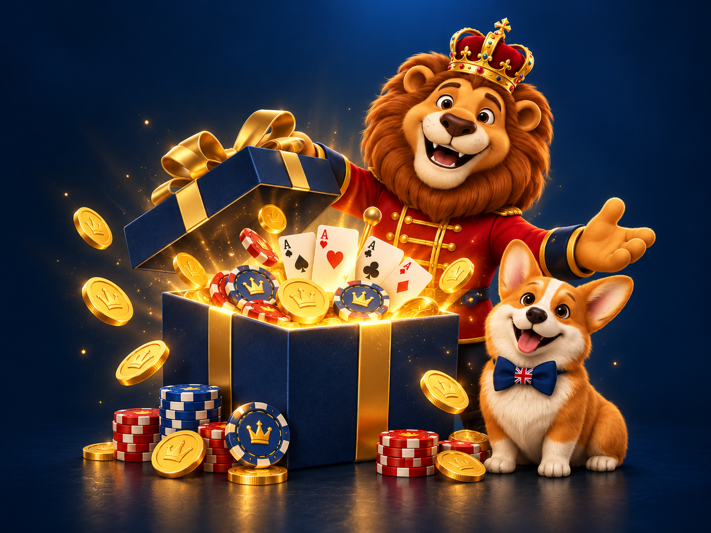 Crowned British lion and corgi presenting a casino welcome gift